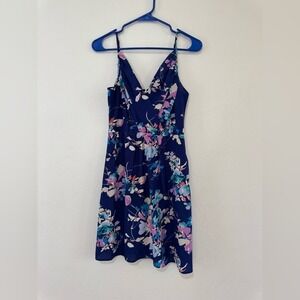 Yumi Kim Floral V-Neck Mini Dress Navy Blue Pink XS Adjustable Straps (667)